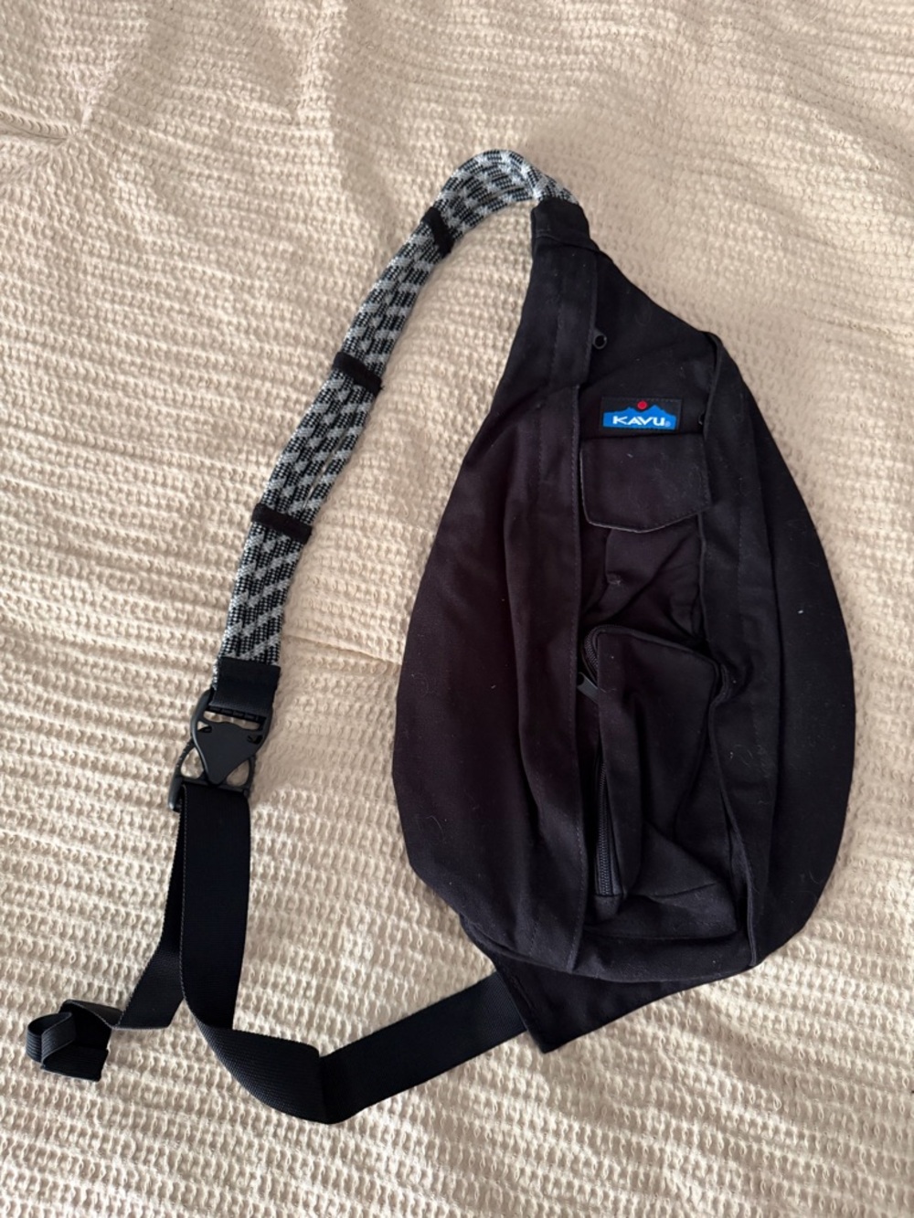 Kavu Black Sling Belt Bag with Patterned Rope Strap